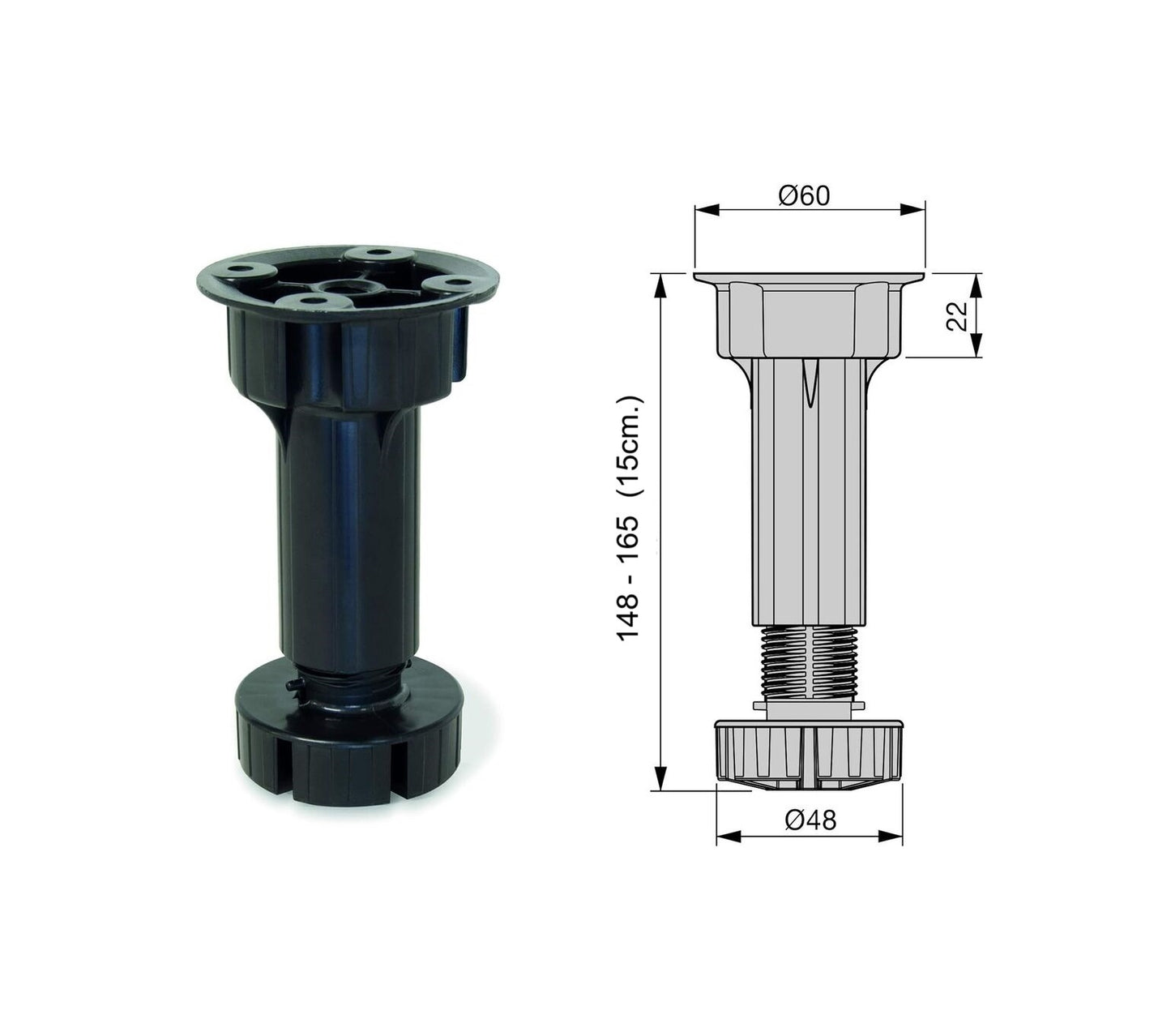 Adjustable feet for furniture and kitchens in PVC